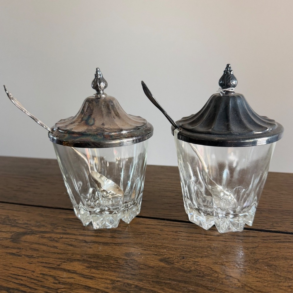 Vintage Jam Condiment Jar Set 2pc Silver Lid Clear Cut Glass Silverplate